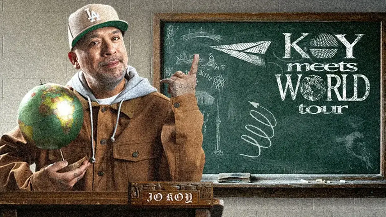 Flyer for the Jo Koy Koy Meets World Tour, featuring Jo at a podium with a globe and white board behind him