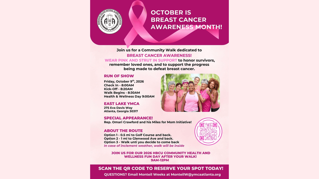 Flyer for the October 9 breast cancer awareness walk at East Lake YMCA in Atlanta.