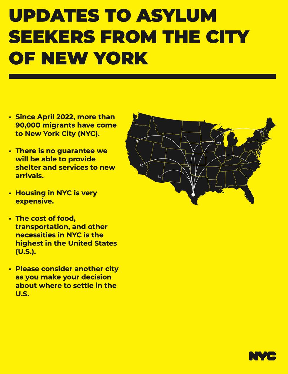 Flyers will direct migrants entering the U.S. to consider other cities as destinations, as part of a push by Mayor Eric Adams to discourage new migrants from settling in New York