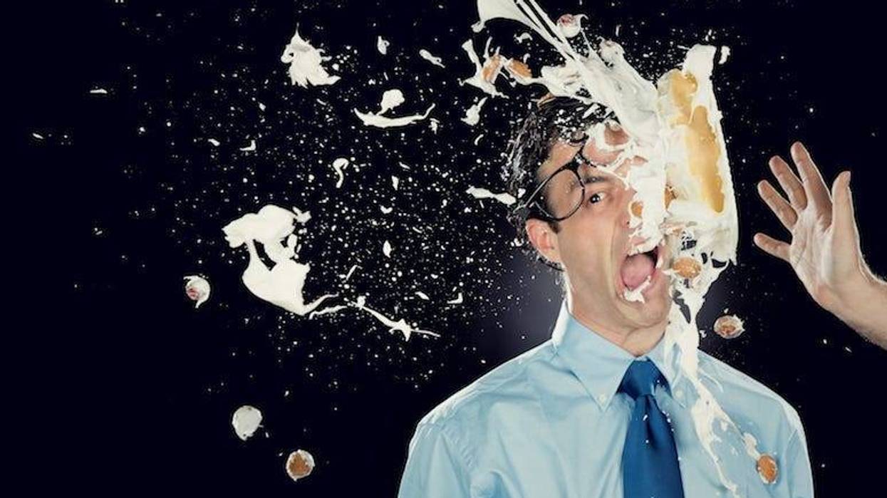 Food Fight, Pie, Thrown, Face, Messy, Dress Clothes