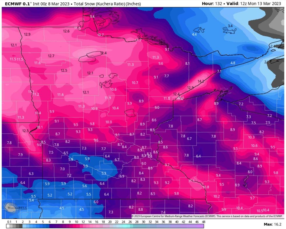 Forecast snowfall by Monday