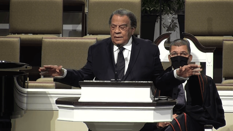 Former Atlanta Mayor and Ambassador Andrew Young speaks during funeral for Hank Aaron