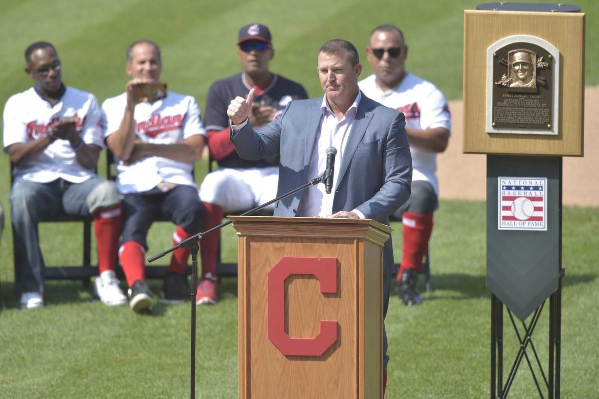 Former Cleveland Indians player Jim Thome speaks during his uniform number retirement ceremony at Progressive Field.