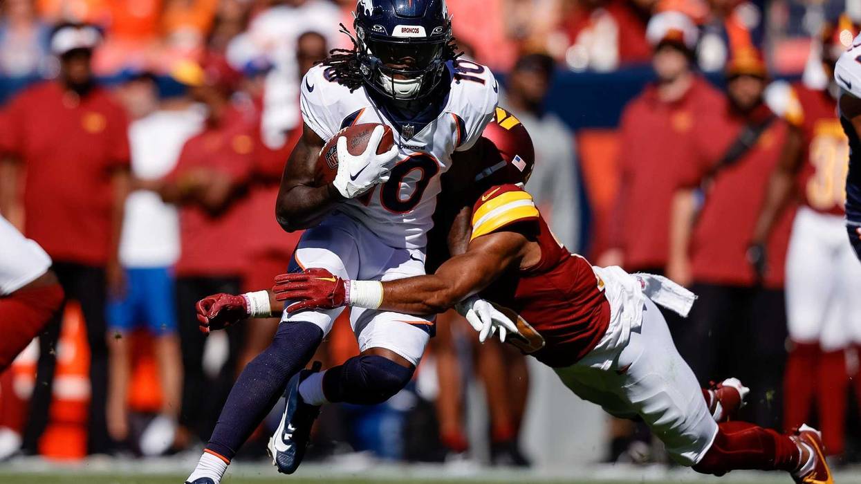 Former Denver Broncos, now Cleveland Browns wide receiver Jerry Jeudy (10) is tackled by Washington Commanders cornerback Kendall Fuller (29).