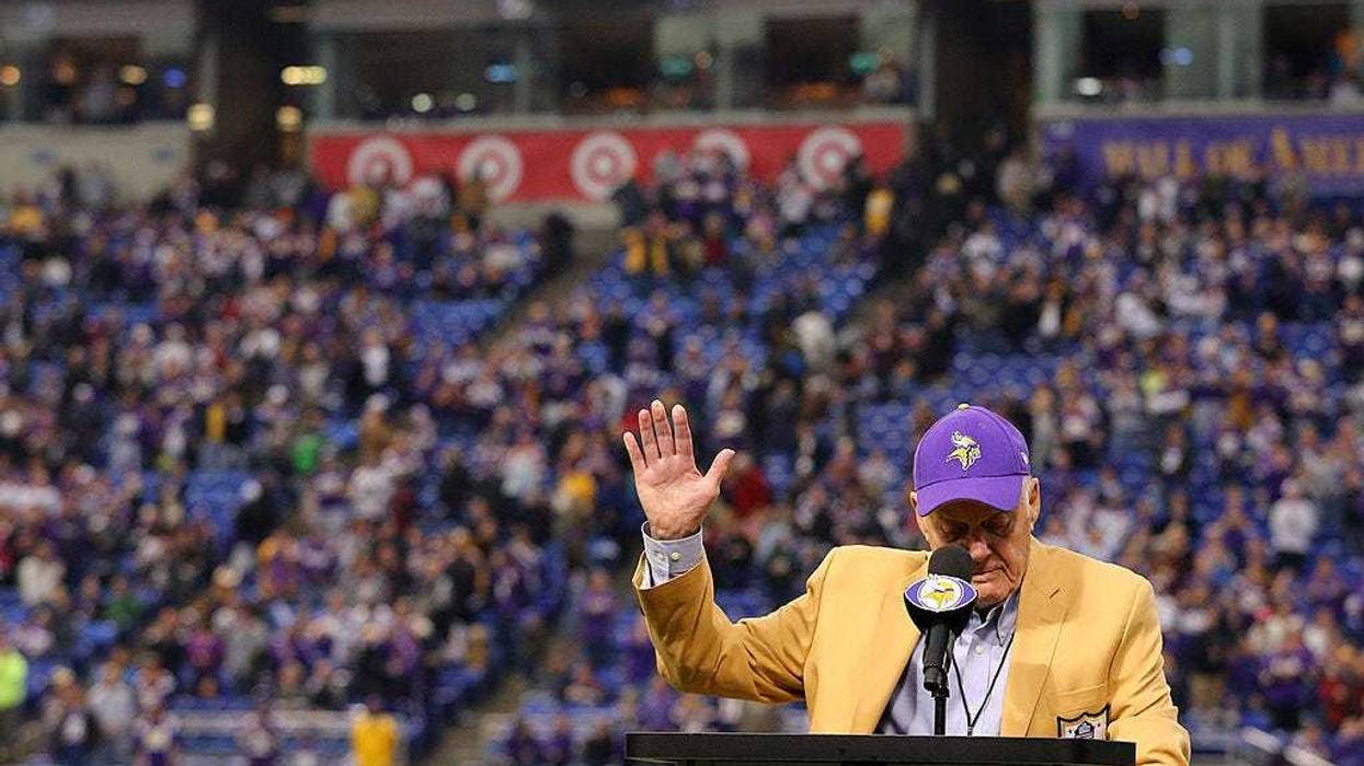 Former head coach Bud Grant speaks to the crowd during the ceremony celebrating the last game at the Metrodome on December 29, 2013 at Mall of America Field at the Hubert H. Humphrey Metrodome in Minneapolis, Minnesota.