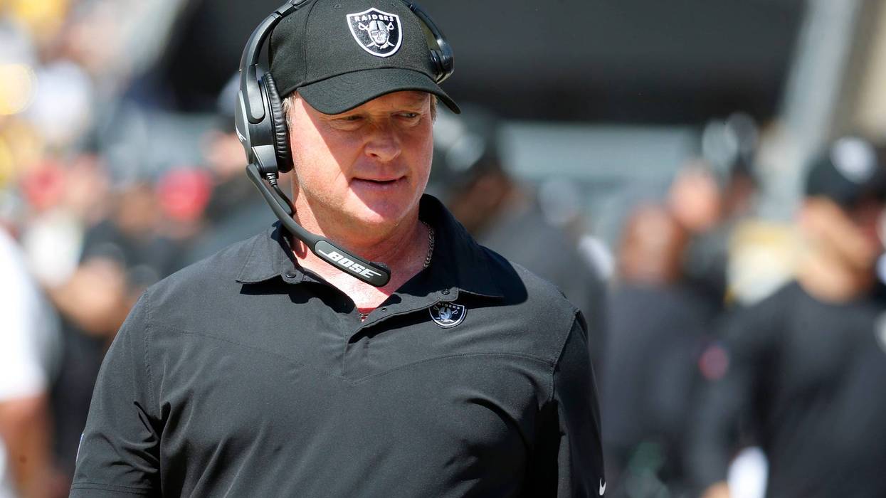 Former Head coach Jon Gruden of the Las Vegas Raiders looks on in the game against the Pittsburgh Steelers at Heinz Field on September 19, 2021 in Pittsburgh, Pennsylvania.