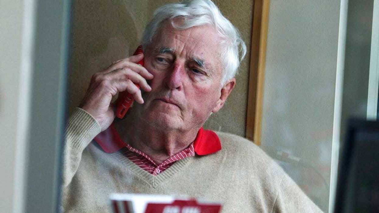 Former Indiana men's basketball coach Bob Knight sits in the press box at Bart Kaufman Field during Indiana's baseball game against Penn State in Bloomington, Ind., Saturday, April 6, 2019. Knight made his first public appearance on campus since he was fi