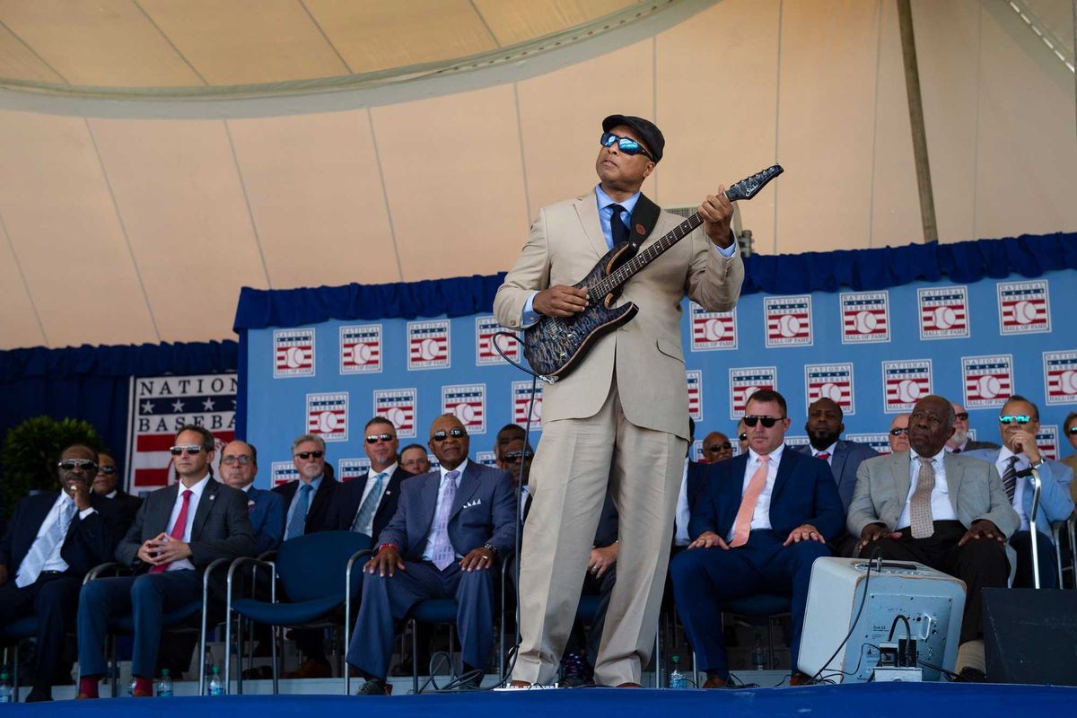 Former New York Yankees center fielder Bernie William performs Take Me Out to the Ball Game during to the 2019 National Baseball Hall of Fame induction ceremony at the Clark Sports Center.