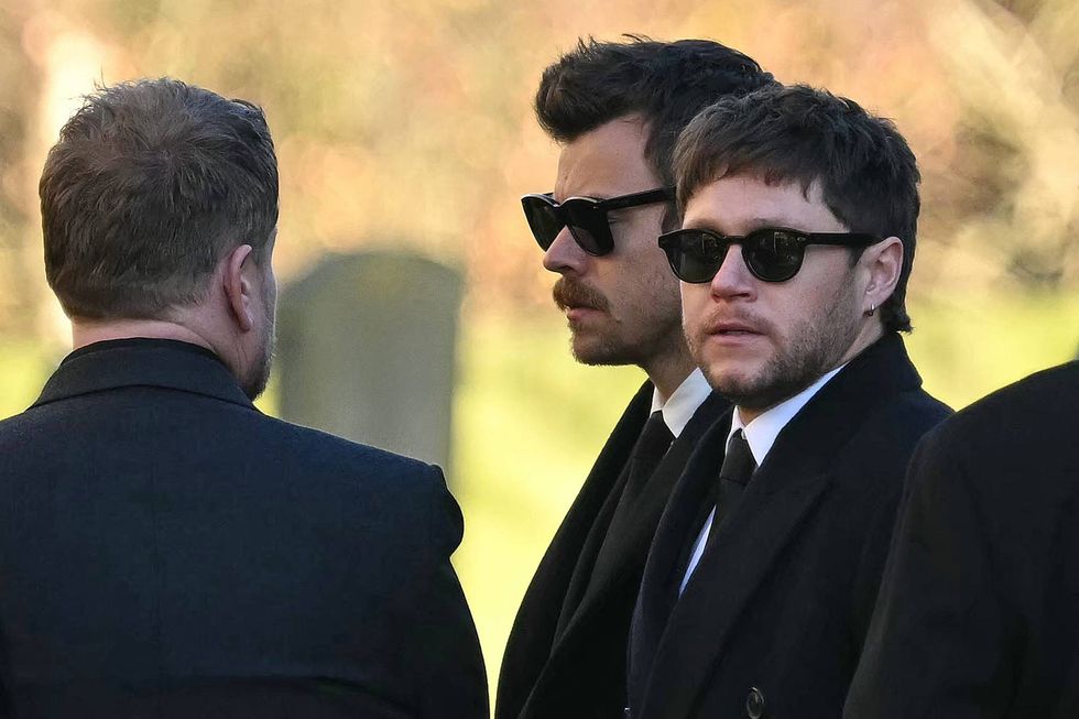 Former One Direction band members Harry Styles and Niall Horan leave after attending the funeral service of the late One Direction singer Liam Payne