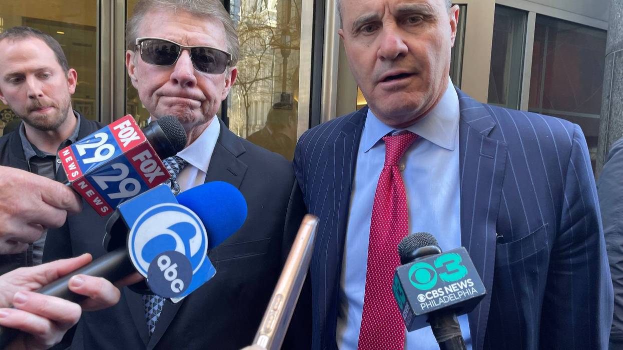 Former Philadelphia Detective Martin Devlin (left) with his defense lawyer Brian McMonagle outside the Juanita Kidd Criminal Justice Center after the judge's verdict Thursday afternoon.