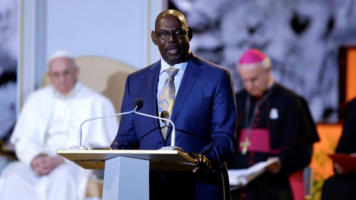 Former Philadelphia Eagles player Herb Lusk, who in 1982 became pastor of the Greater Exodus Baptist Church in Philadelphia, speaks during the Festival of Families on September 26, 2015 in Philadelphia with Pope Francis.