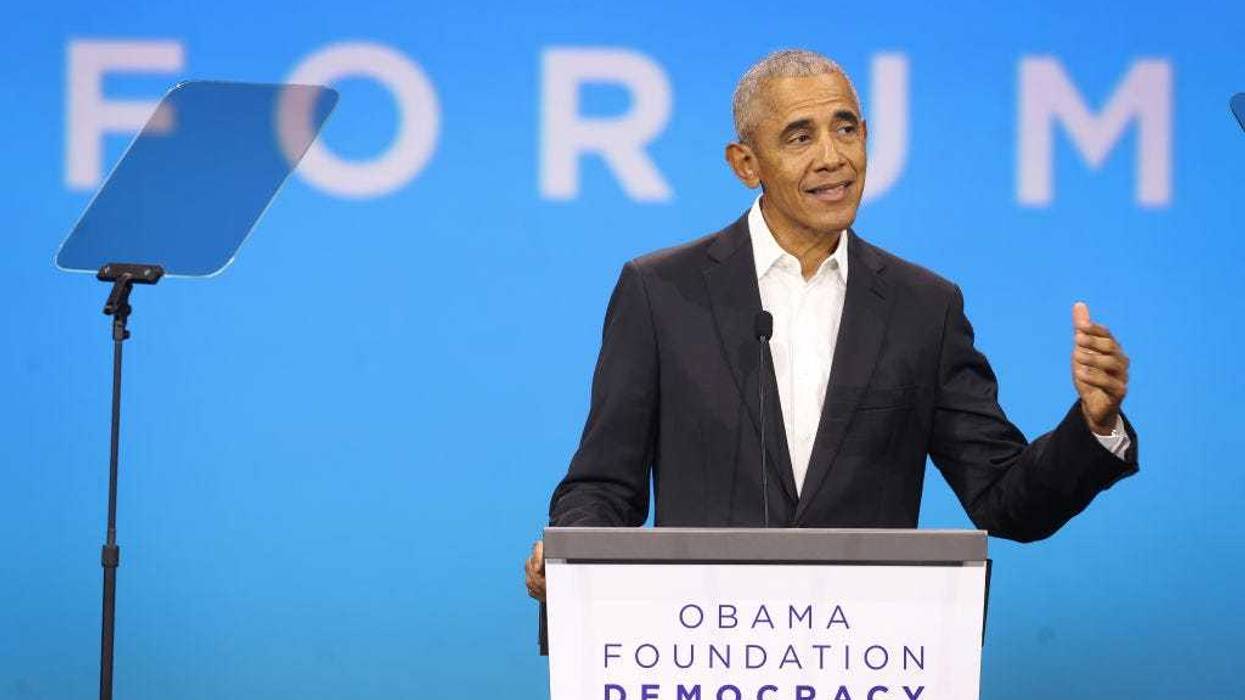 Former President Barack Obama speaks to attendees at the Obama Foundation Democracy Forum on November 03, 2023 in Chicago, Illinois.