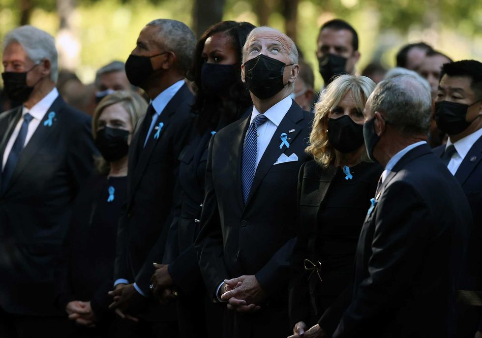 Former President Bill Clinton, former First Lady Hillary Clinton, former President Barack Obama, former First Lady Michelle Obama, President Joe Biden and First Lady Jill Biden attend the annual 9/11 Commemoration Ceremony at the National 9/11 Memorial and Museum on September 11, 2021 in New York City