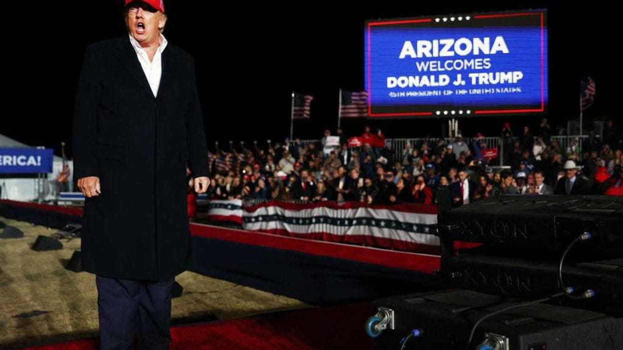 Former President Donald Trump departs after speaking at a rally at the Canyon Moon Ranch festival grounds on January 15, 2022 in Florence, Arizona. The rally marks Trump's first of the midterm election year with races for both the U.S. Senate and governor in Arizona this year. (Photo by Mario Tama/Getty Images)