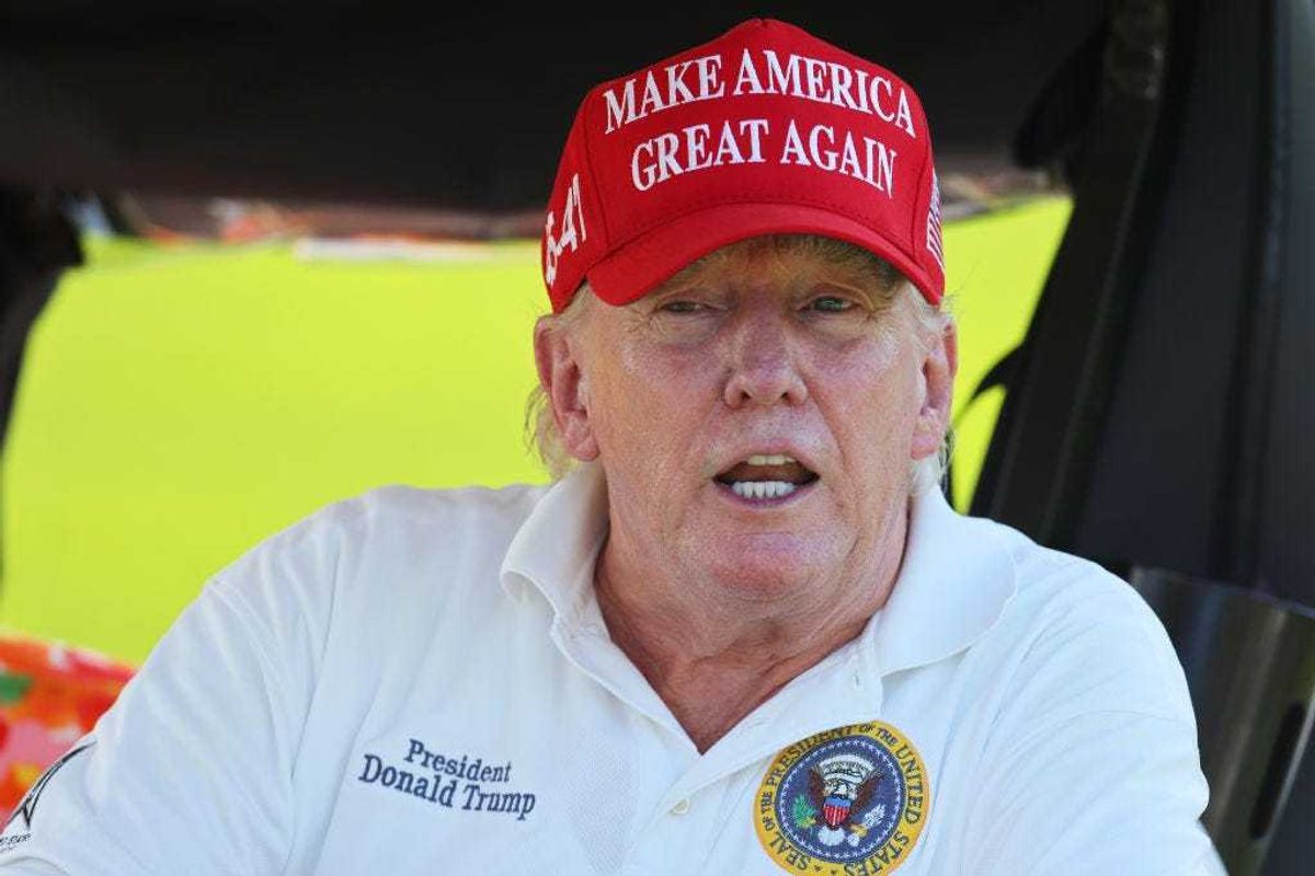 Former President Donald Trump is seen on the on the 15th hole during day one of the LIV Golf Invitational - Bedminster at Trump National Golf Club on August 11, 2023 in Bedminster, New Jersey. (Photo by Mike Stobe/Getty Images)
