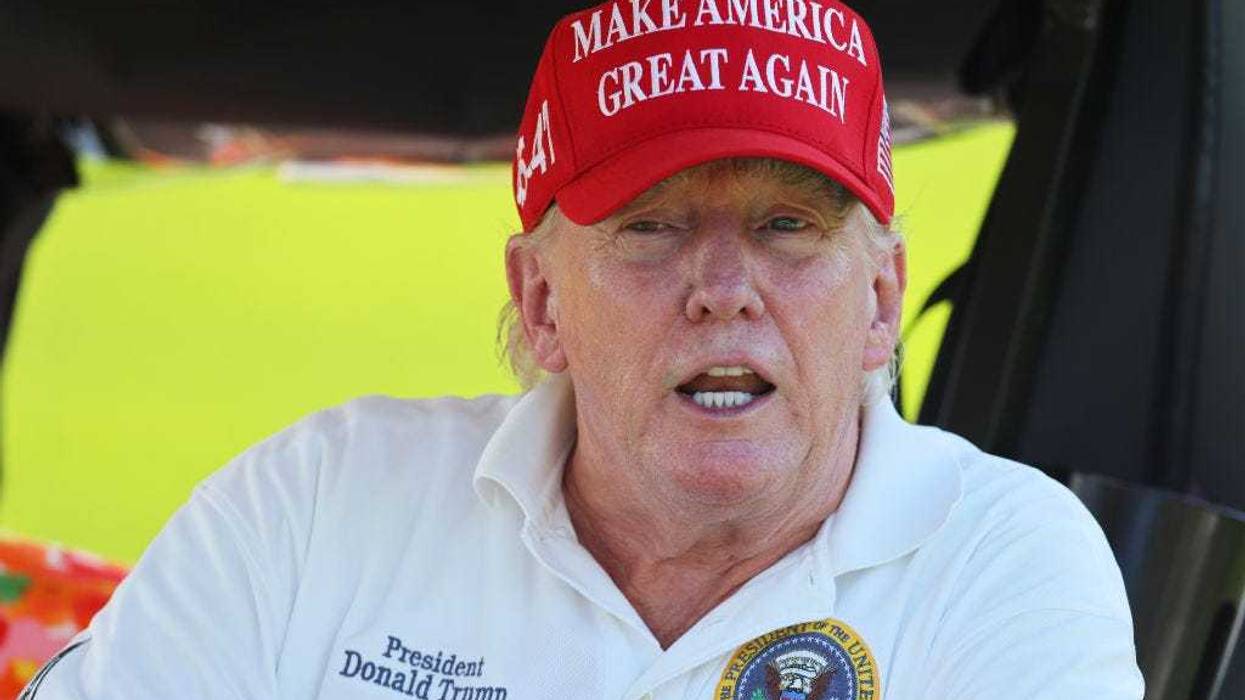 Former President Donald Trump is seen on the on the 15th hole during day one of the LIV Golf Invitational - Bedminster at Trump National Golf Club on August 11, 2023 in Bedminster, New Jersey. (Photo by Mike Stobe/Getty Images)