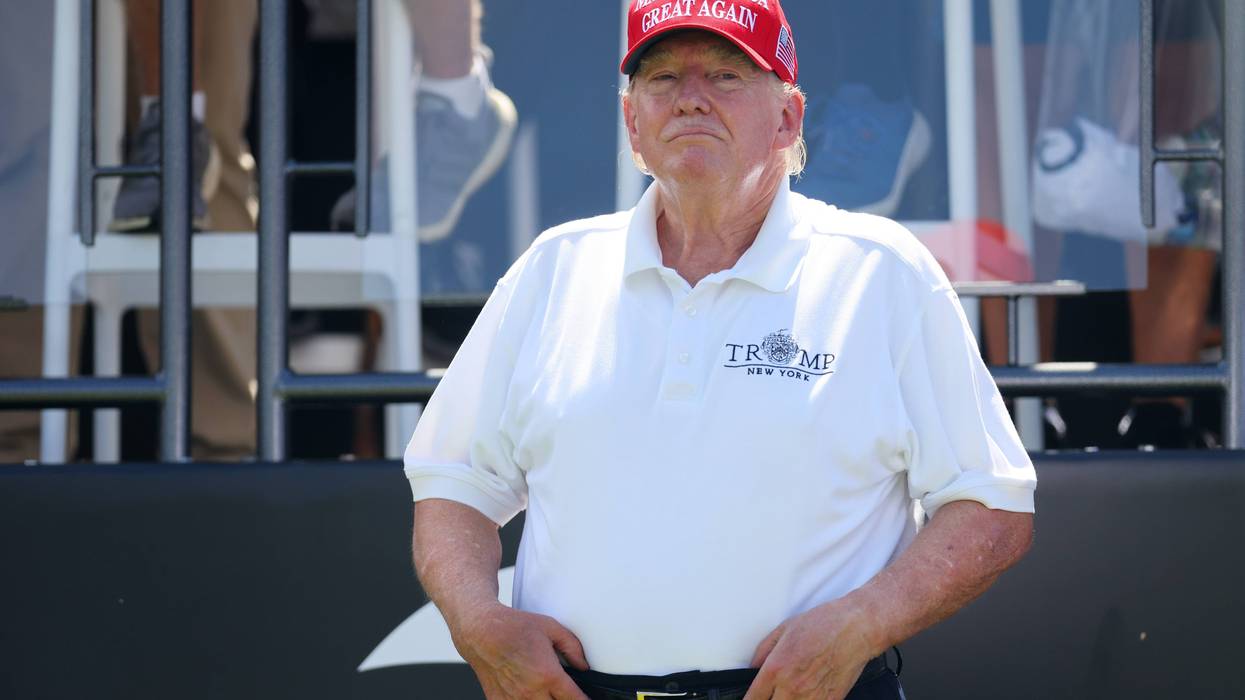 Former President Donald Trump looks on at the first tee prior to the start of Day Three of the LIV Golf Invitational - Bedminster at Trump National Golf Club on Aug. 13, 2023, in Bedminster, New Jersey.
