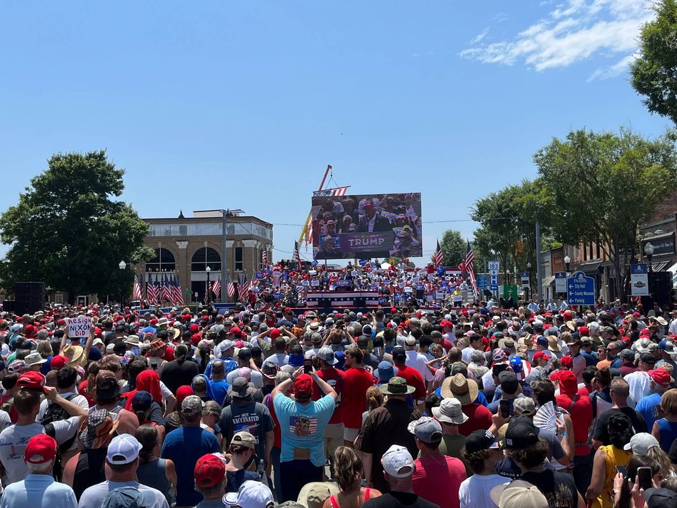 Former President Donald Trump speaking at a rally in Pickens on Saturday