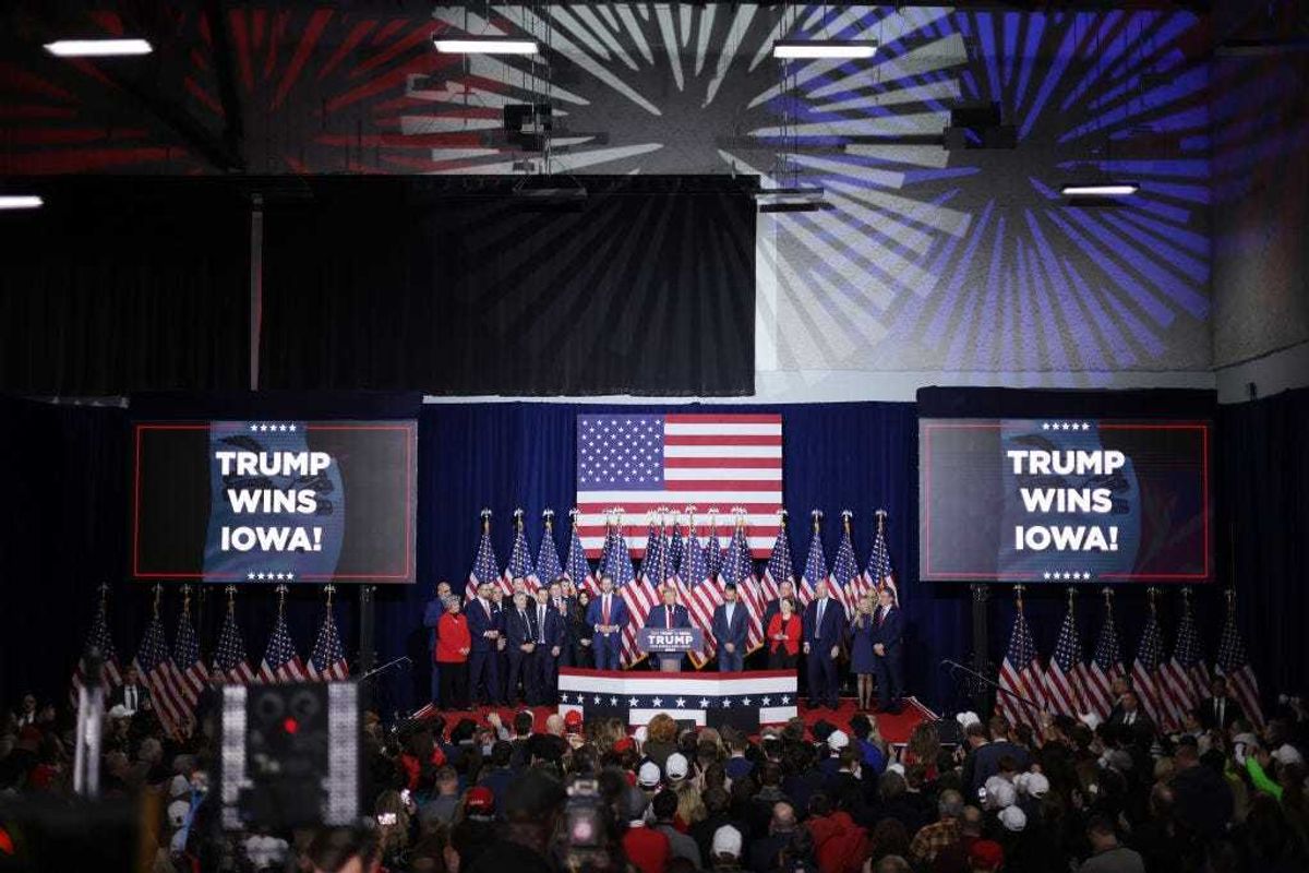 Former President Donald Trump speaks at his caucus night event at the Iowa Events Center on January 15, 2024 in Des Moines, Iowa.