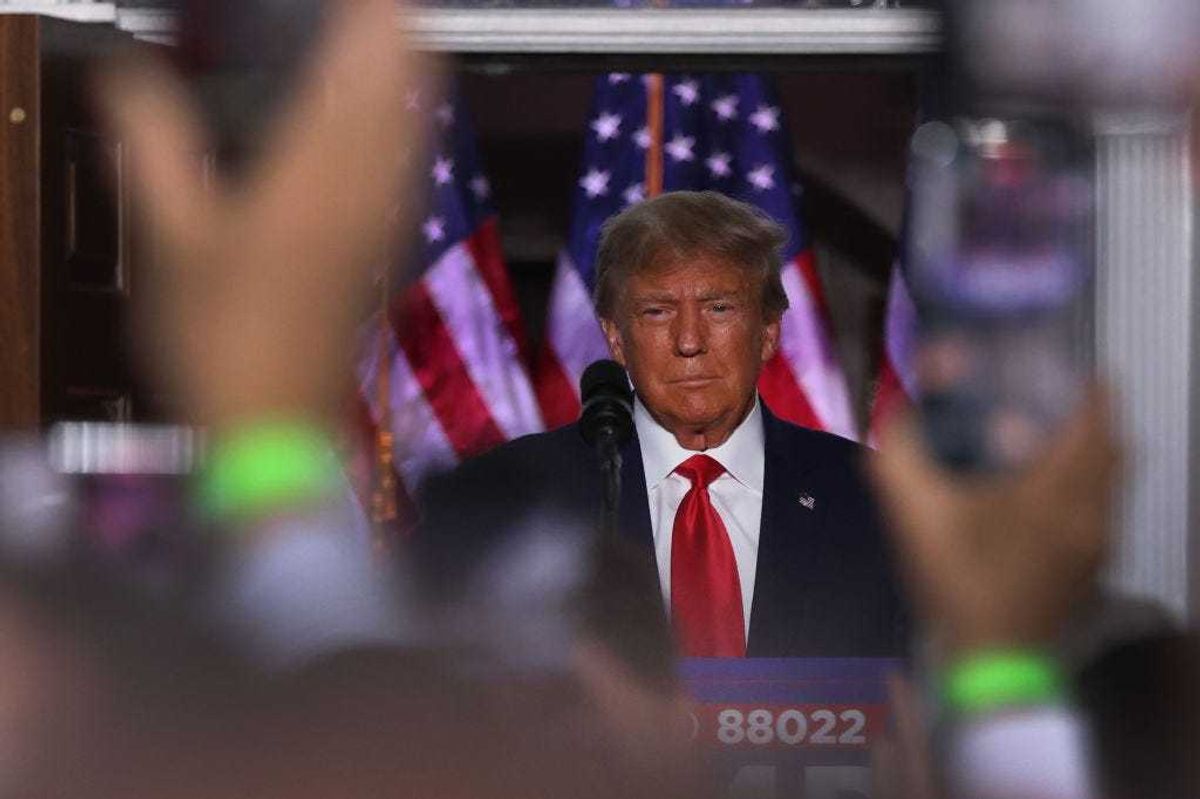 Former President Donald Trump speaks to supporters at Trump National Golf Club in Bedminster following his appearance in a Miami court on June 13, 2023 in Bedminster, New Jersey.