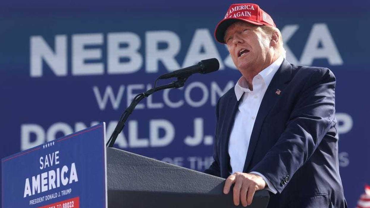 Former President Donald Trump speaks to supporters during a rally at the I-80 Speedway on May 01, 2022 in Greenwood, Nebraska. Trump is supporting Charles Herbster in the Nebraska gubernatorial race.