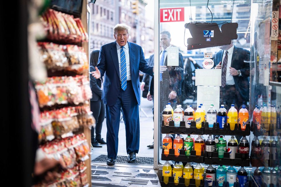 Former President Donald Trump visits Sanaa convenient store, a bodega in upper Manhattan, minutes after leaving Manhattan criminal court, in New York, NY on Tuesday, April 16, 2024
