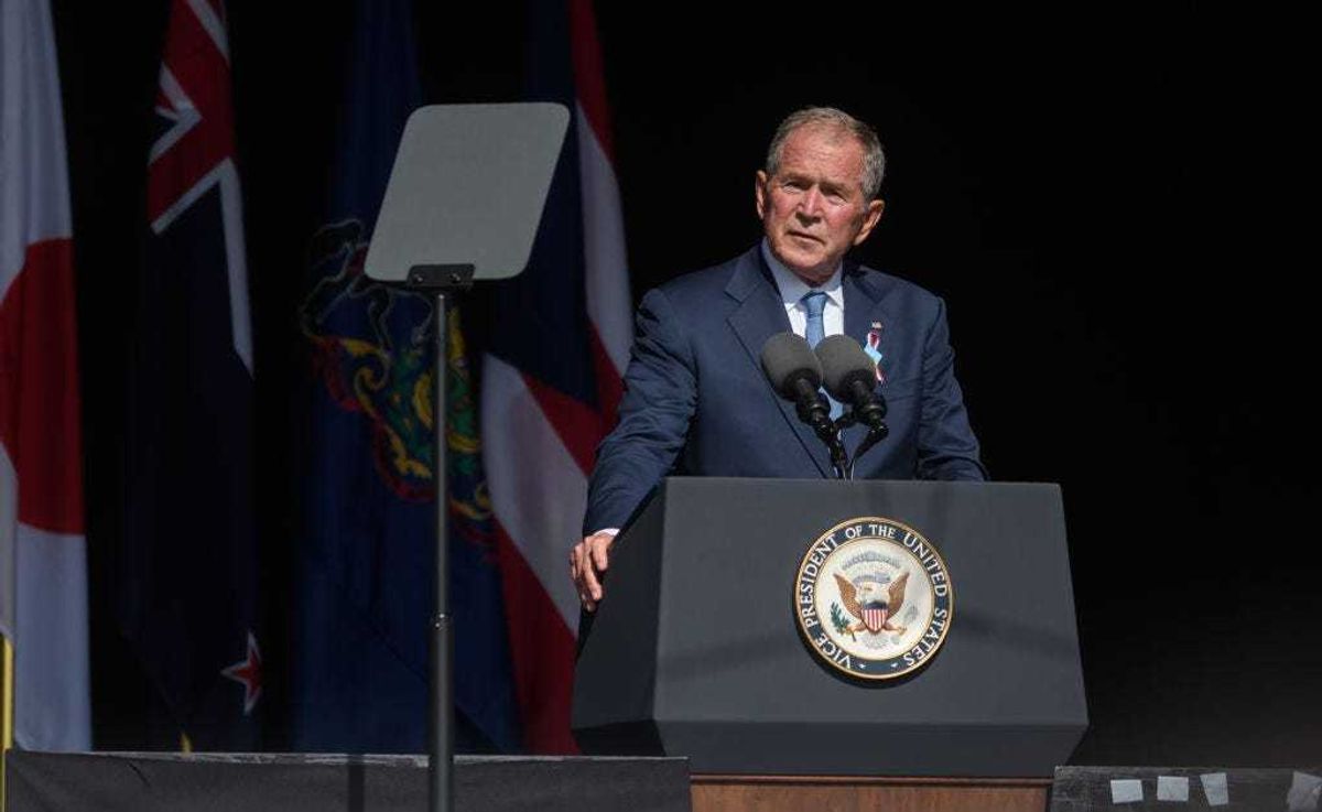 Former President George W Bush speaks at the 20th Anniversary remembrance of the September 11, 2001 terrorist attacks at the Flight 93 National Memorial on September 11, 2021 in Shanksville, Pennsylvania. (Photo by Jeff Swensen/Getty Images)