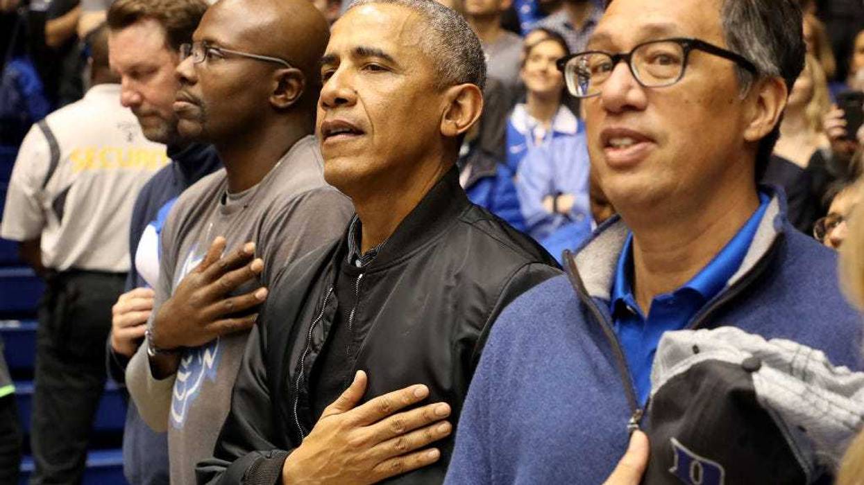 Former President of the United States, Barack Obama, watches on during the game between the North Carolina Tar Heels and Duke Blue Devils at Cameron Indoor Stadium on February 20, 2019 in Durham, North Carolina. (Photo by Streeter Lecka/Getty Images)