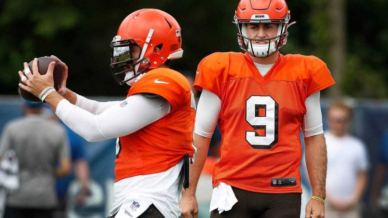 Former Purdue Boilermaker now Cleveland Browns quarterback David Blough (9) watches Browns quarterback Baker Mayfield (6) during their preseason training camp practice at Grand Park in Westfield on Wednesday, August 14, 2019. Colts Preseason Training Camp