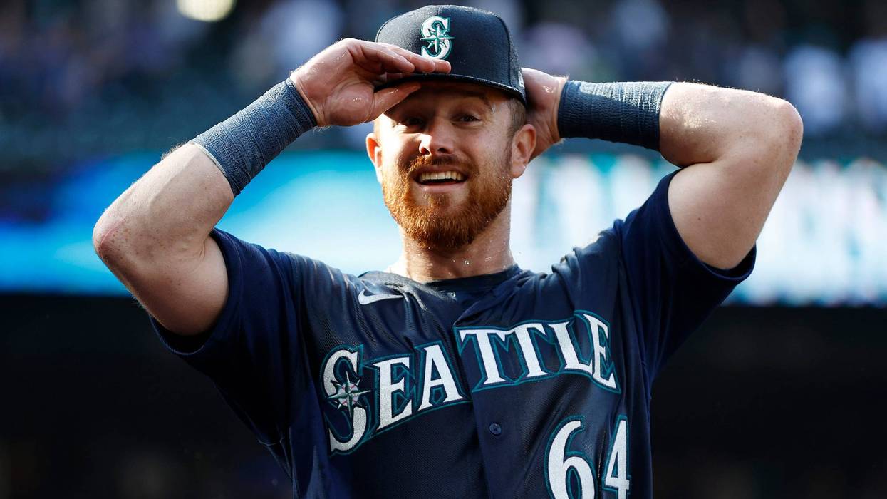 Former Saint Joseph's University star Brian O'Keefe of the Seattle Mariners reacts after beating the Oakland Athletics 5-1 at T-Mobile Park on October 1, 2022 in Seattle, Washington.
