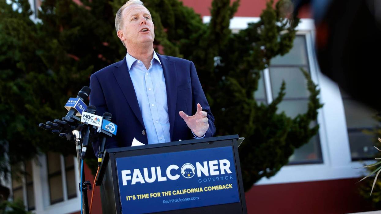 Former San Diego Mayor and republican candidate for California Governor Kevin Faulconer speaks during a news conference in front of Abraham Lincoln High School on February 17, 2021 in San Francisco, California.