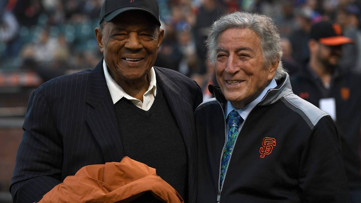 Former San Francisco Giants Willie Mays (L) stands with singer Tony Bennett (R) as the San Francisco Giants honor Bennett for his 90th birthday prior to the start of the game against the New York Mets at AT&T Park on August 19, 2016 in San Francisco, California.