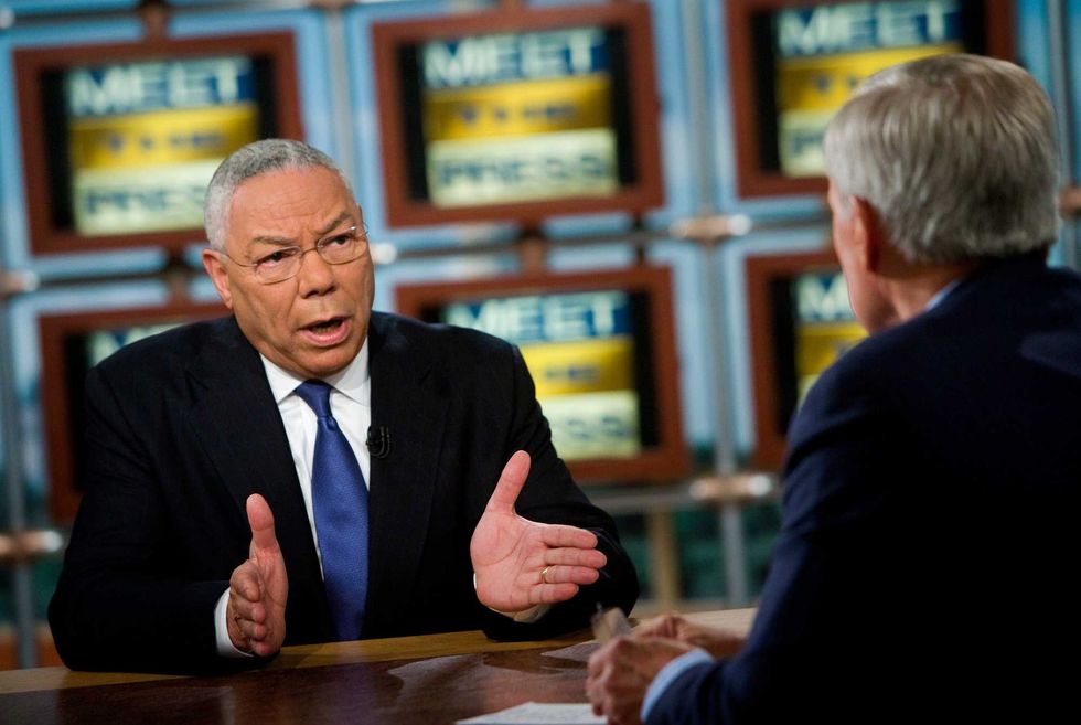 Former Secretary of State Gen. Colin Powell (ret.) speaks to Tom Brokaw during a taping of "Meet the Press" at NBC October 19, 2008 in Washington, DC