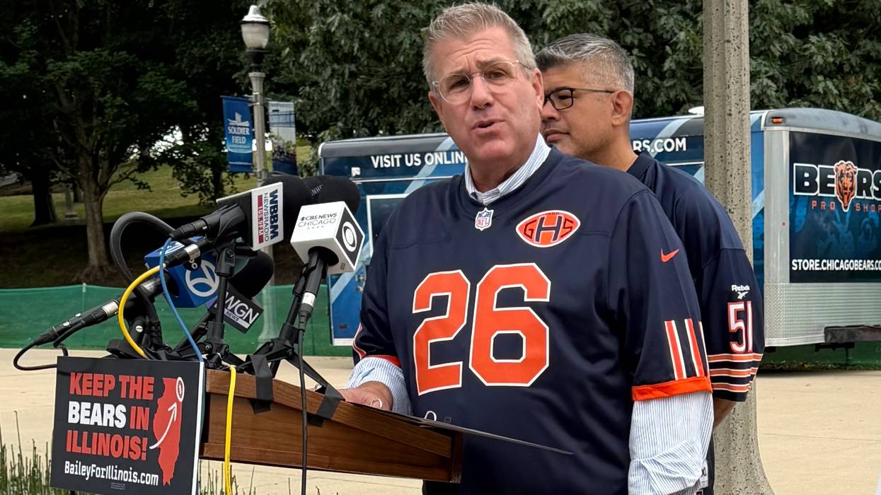 Former state Sen. Darren Bailey, the Republican candidate for governor of Illinois, speaks outside Soldier Field in September.