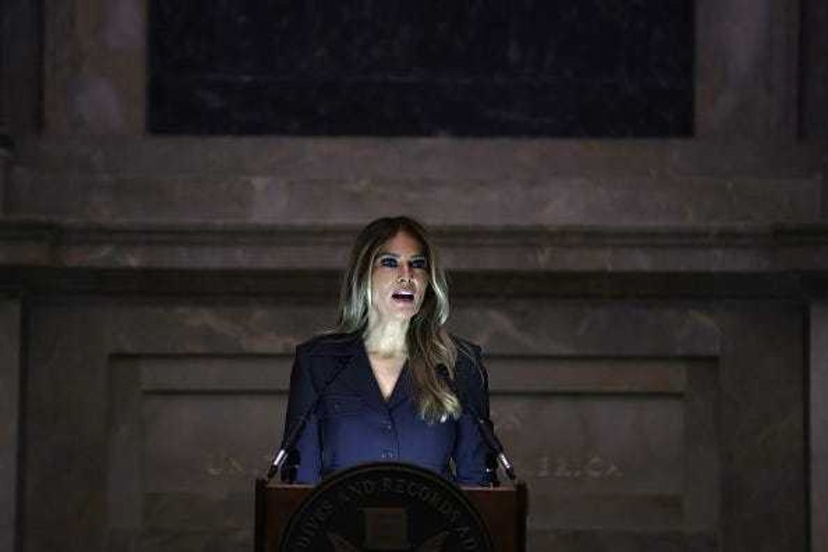 Former U.S. first lady Melania Trump delivers remarks during a naturalization ceremony at the National Archives on December 15, 2023 in Washington, DC. During the ceremony 25 people from 25 nations were sworn in as new U.S. citizens.