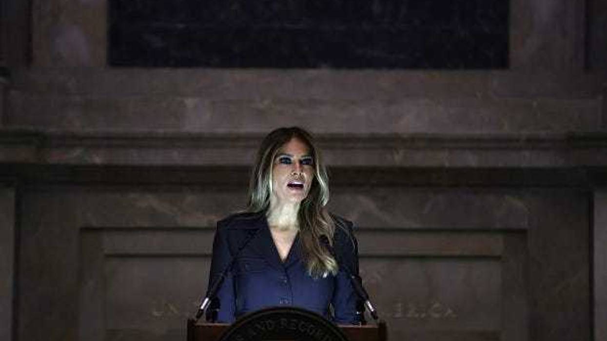 Former U.S. first lady Melania Trump delivers remarks during a naturalization ceremony at the National Archives on December 15, 2023 in Washington, DC. During the ceremony 25 people from 25 nations were sworn in as new U.S. citizens.