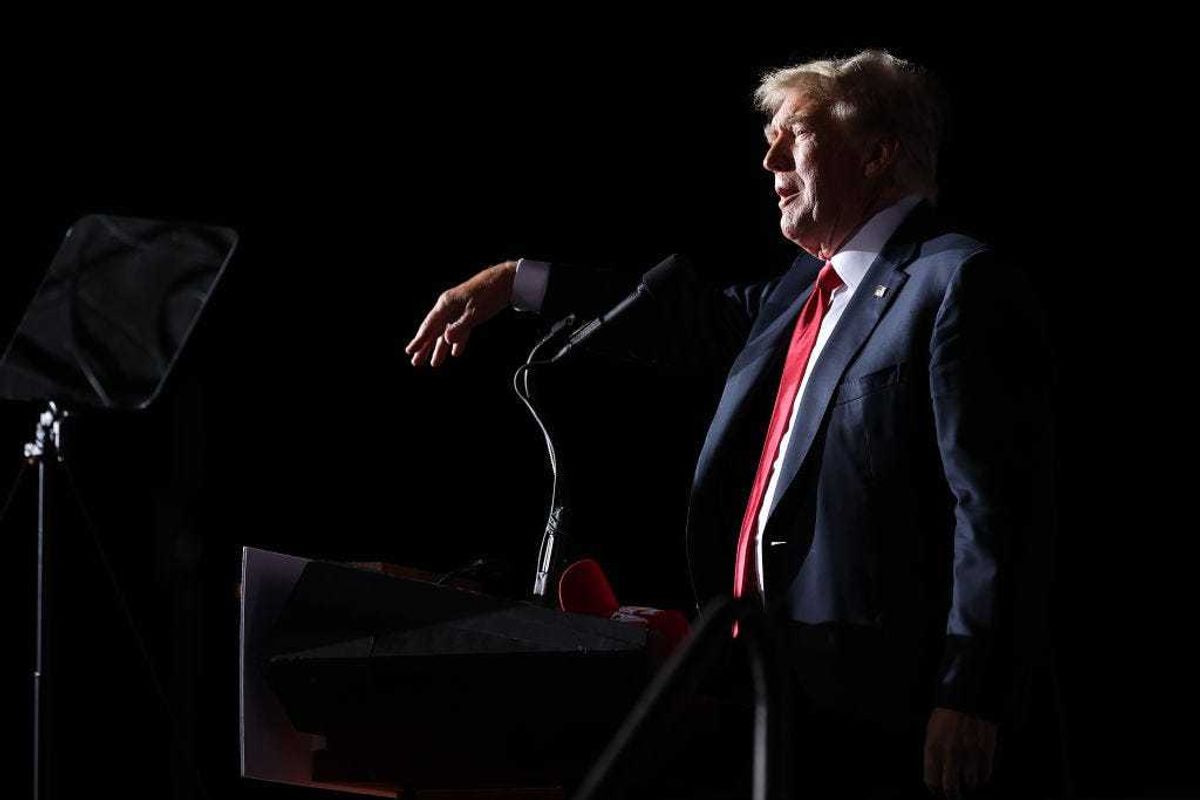 Former U.S. President Donald Trump addresses supporters during a "Save America" rally at York Family Farms on August 21, 2021 in Cullman, Alabama.