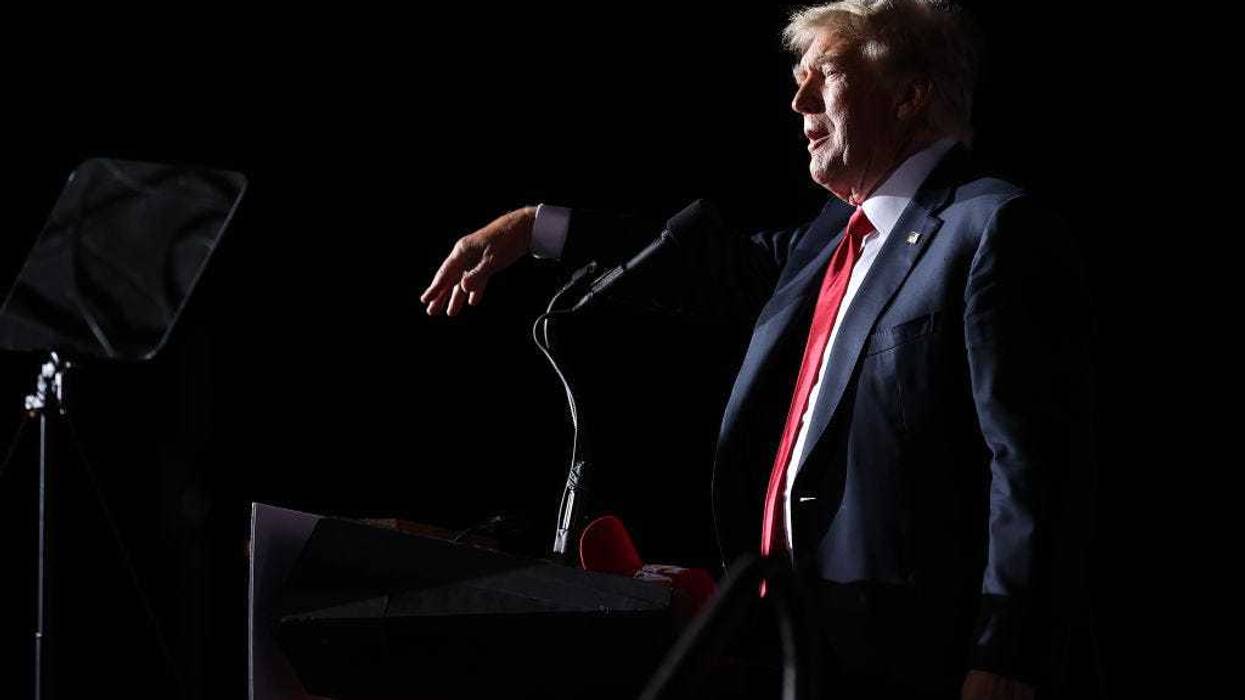 Former U.S. President Donald Trump addresses supporters during a "Save America" rally at York Family Farms on August 21, 2021 in Cullman, Alabama.