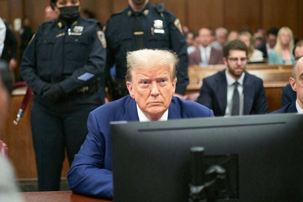 Former U.S. President Donald Trump appears in court during his trial for allegedly covering up hush money payments at Manhattan Criminal Court on April 30, 2024 in New York City.
