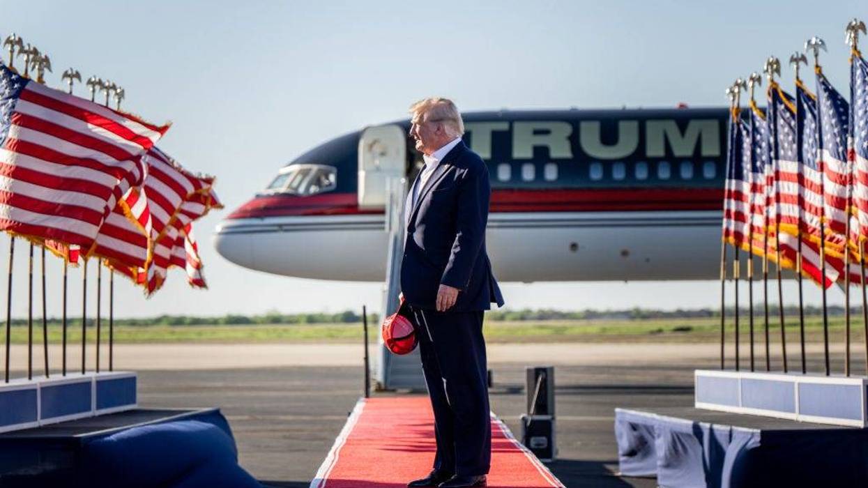 Former U.S. President Donald Trump arrives during a rally at the Waco Regional Airport on March 25, 2023 in Waco, Texas.