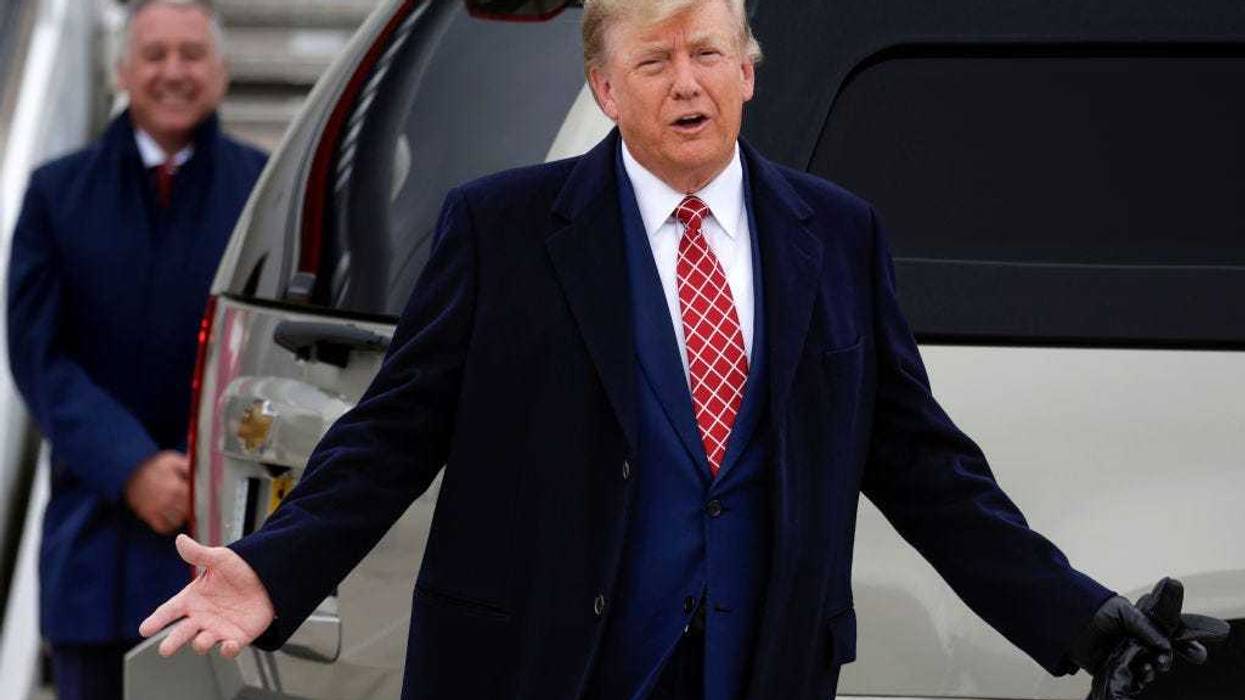 Former U.S. President Donald Trump disembarks his plane "Trump Force One" at Aberdeen Airport on May 1, 2023 in Aberdeen, Scotland.