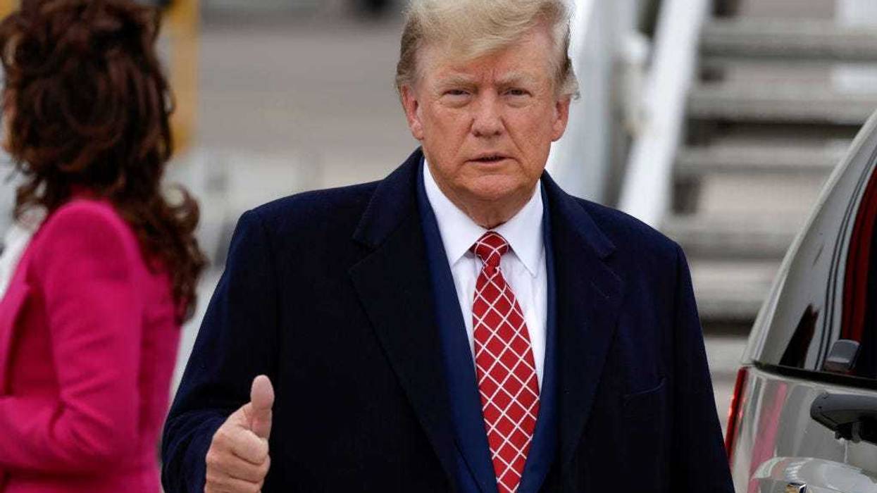 Former U.S. President Donald Trump disembarks his plane "Trump Force One" at Aberdeen Airport on May 1, 2023 in Aberdeen, Scotland.