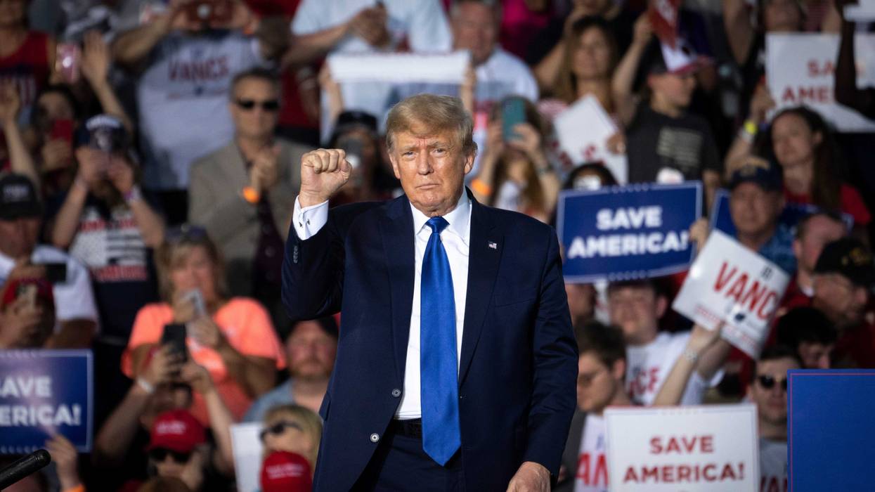 Former U.S. President Donald Trump gestures after speaking during a rally hosted by the former president at the Delaware County Fairgrounds on April 23, 2022 in Delaware, Ohio.