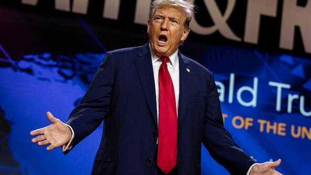 Former U.S. President Donald Trump gestures to the crowd before delivering the keynote address at the Faith & Freedom Coalition's Road to Majority Policy Conference at the Washington Hilton on June 22, 2024 in Washington, DC.
