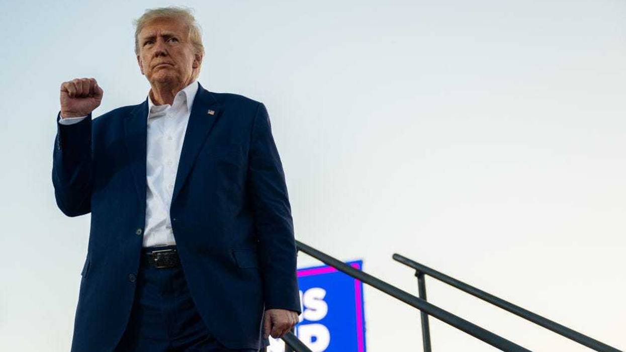 Former U.S. President Donald Trump prepares to depart after speaking during a rally at the Waco Regional Airport on March 25, 2023 in Waco, Texas.