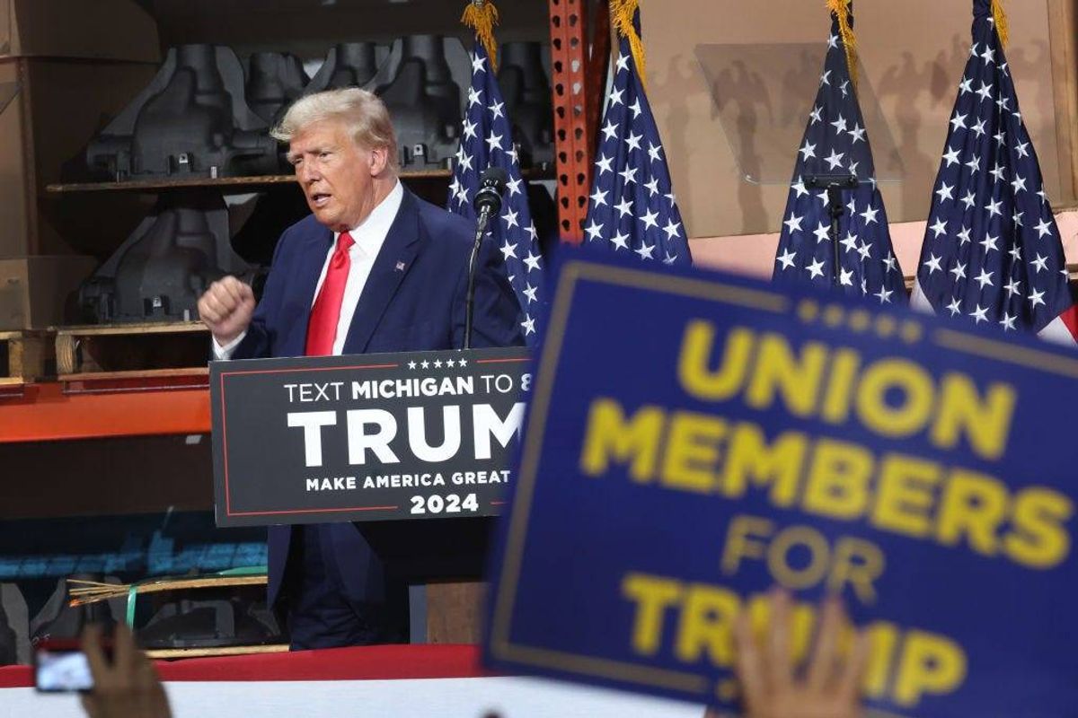 Former U.S. President Donald Trump speaks at a campaign rally at Drake Enterprises, an automotive parts manufacturer, on September 27, 2023 in Clinton Township, Michigan. President Joe Biden met with striking UAW workers the day before at a General Motors parts facility. (Photo by Scott Olson/Getty Images)