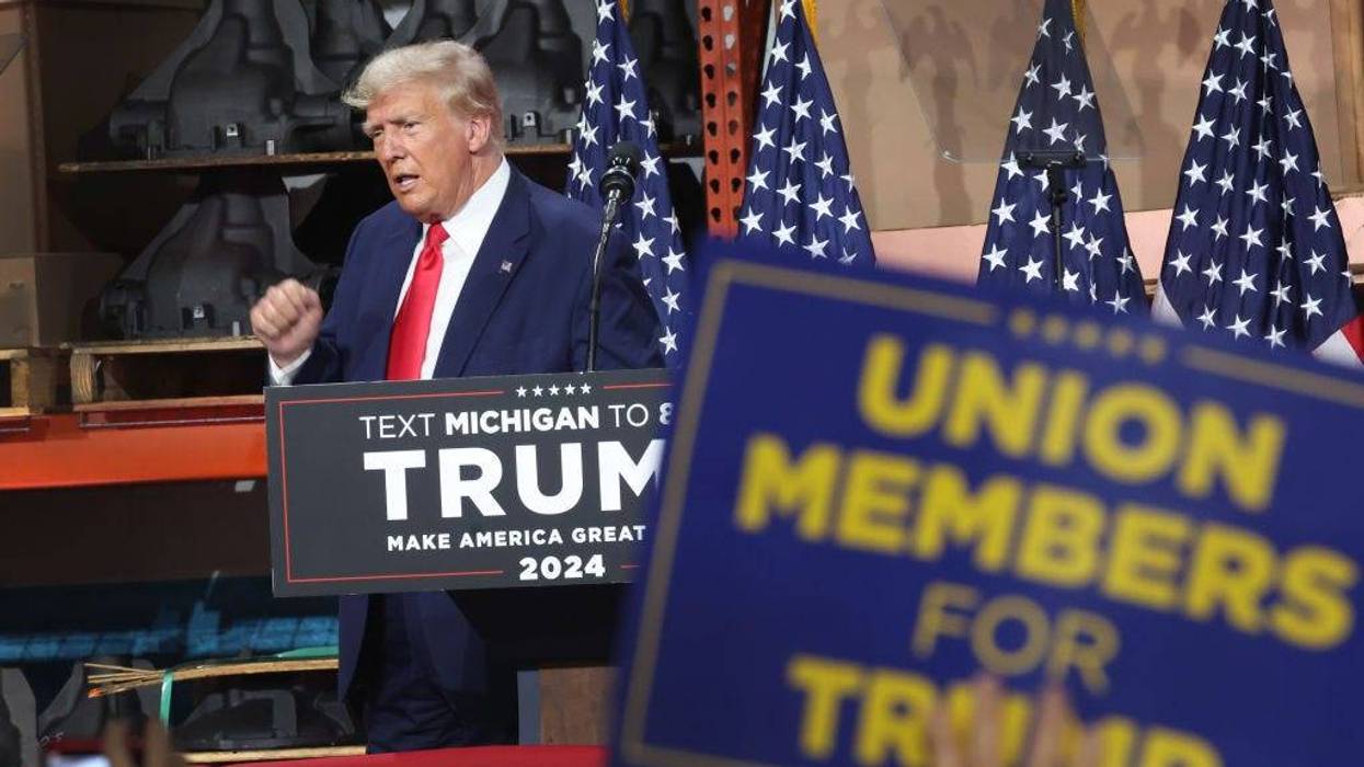 Former U.S. President Donald Trump speaks at a campaign rally at Drake Enterprises, an automotive parts manufacturer, on September 27, 2023 in Clinton Township, Michigan. President Joe Biden met with striking UAW workers the day before at a General Motors parts facility. (Photo by Scott Olson/Getty Images)
