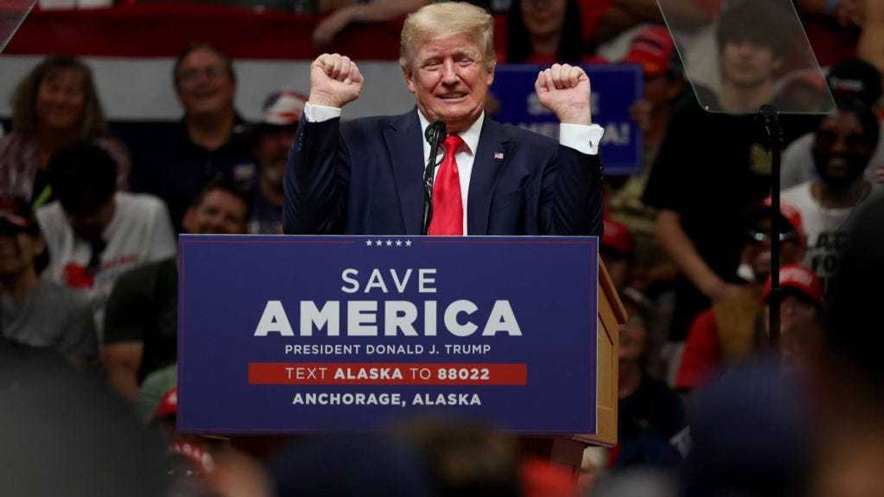 Former U.S. President Donald Trump speaks during a "Save America" rally at Alaska Airlines Center on July 09, 2022 in Anchorage, Alaska. Former President Donald Trump held a "Save America" rally in Anchorage where he campaigned with U.S. House candidate former Alaska Gov. Sarah Palin and U.S. Senate candidate Kelly Tshibaka. (Photo by Justin Sullivan/Getty Images)