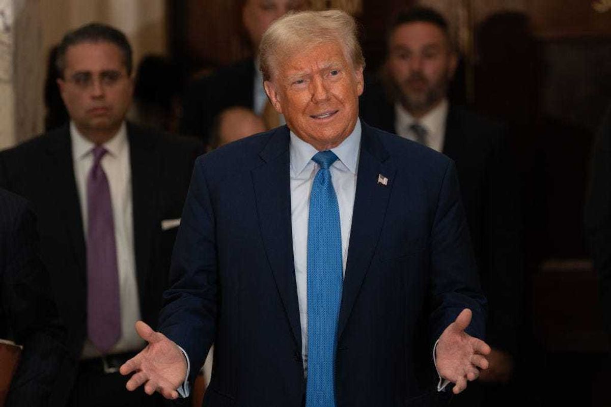 Former U.S. President Donald Trump speaks to the media after completing his testimony at his trial in New York State Supreme Court on November 06, 2023 in New York City. Trump testified in the civil fraud trial that alleges that he and his two sons Donald Trump Jr. and Eric Trump conspired to inflate his net worth on financial statements provided to banks and insurers to secure loans. New York Attorney General Letitia James has sued seeking $250 million in damages. His sons testified in the trial last week and his daughter Ivanka Trump is scheduled to testify on Wednesday after her lawyers were unable to block her testimony. (Photo by David Dee Delgado/Getty Images)