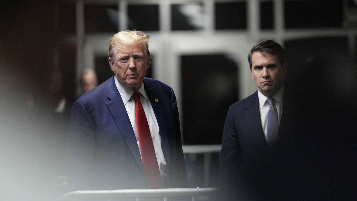 Former U.S. President Donald Trump, with attorney Todd Blanche (R), speaks to the press as he arrives for his criminal trial for allegedly covering up hush money payments at Manhattan Criminal Court on May 10, 2024 in New York City. Trump was charged with 34 counts of falsifying business records last year, which prosecutors say was an effort to hide a potential sex scandal, both before and after the 2016 presidential election. Trump is the first former U.S. president to face trial on criminal charges.